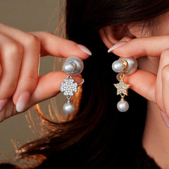 14K Gold-Plated Elegant Zircon Maple Leaf Star Pearl Earrings - elegant gold pearl earrings