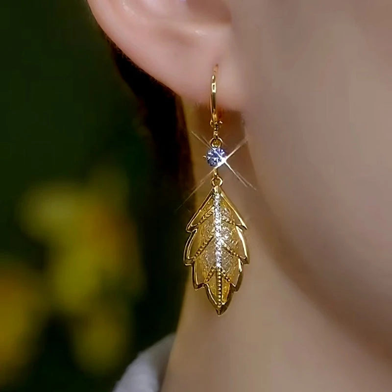 14K Gold-Plated Elegant Zircon Mesh Leaf Earrings - elegant gold leaf earrings
