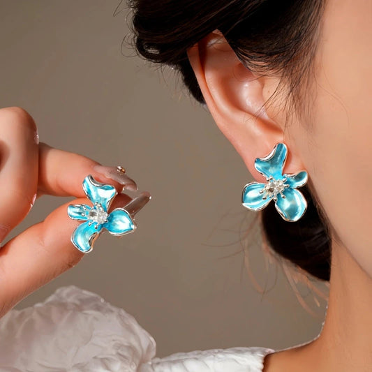 14K Gold-Plated Elegant Zircon Oil Drop Flower Stud Earrings - elegant blue flower earrings