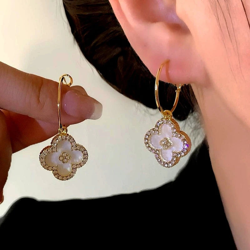 14K Gold-Plated Elegant Zircon Oil Drop Four-Leaf Earrings - elegant clover earrings