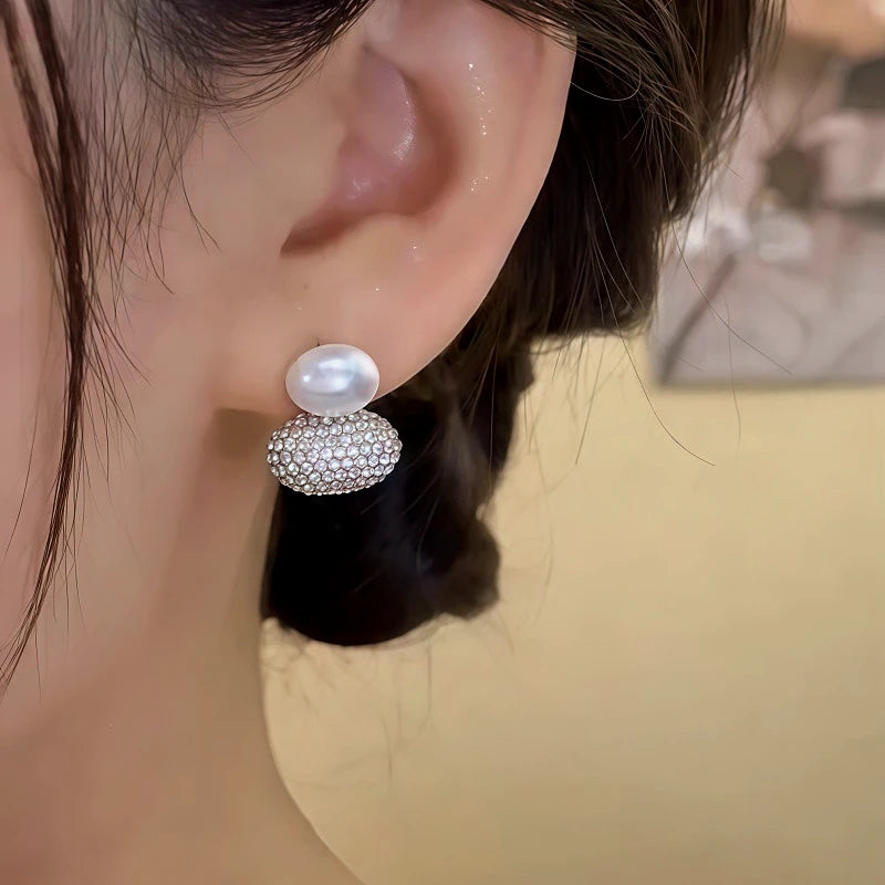 14K Gold-Plated Elegant Zircon Oval Pearl Drop Earrings - elegant silver pearl earrings