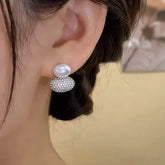 14K Gold-Plated Elegant Zircon Oval Pearl Drop Earrings - elegant silver pearl earrings