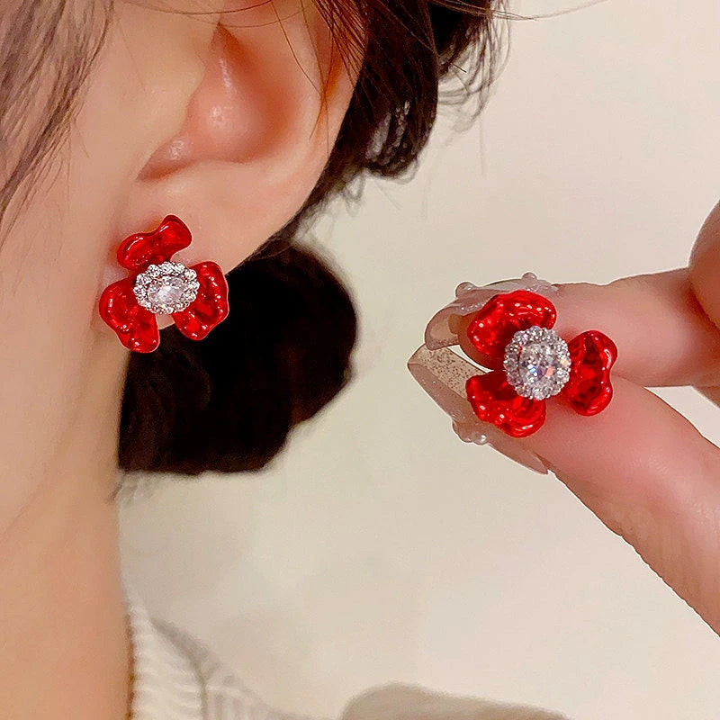 14K Gold-Plated Elegant Zircon Painted Flower Stud Earrings - elegant red flower earrings