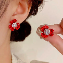 14K Gold-Plated Elegant Zircon Painted Flower Stud Earrings - elegant red flower earrings