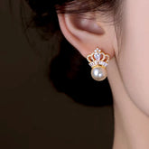 14K Gold-Plated Elegant Zircon Pearl Crown Pearl Earrings - elegant gold pearl earrings