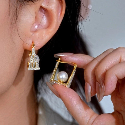 14K Gold-Plated Elegant Zircon Pearl Earrings - elegant gold pearl earrings