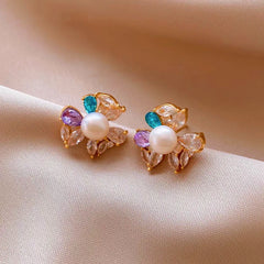 14K Gold-Plated Elegant Zircon Pearl Flower Stud Earrings - elegant gold flower earrings