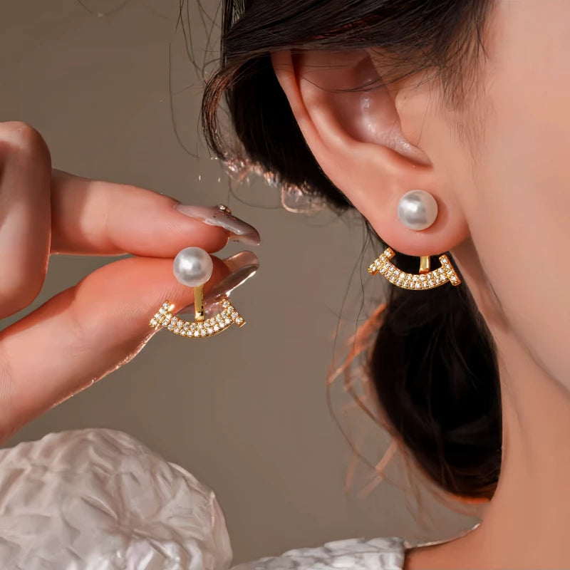 14K Gold-Plated Elegant Zircon Pearl Jacket Earrings - elegant gold jacket earrings