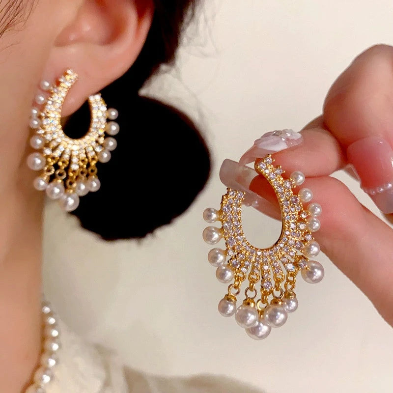 14K Gold-Plated Elegant Zircon Pearl Tassel Earrings - elegant gold tassel earrings
