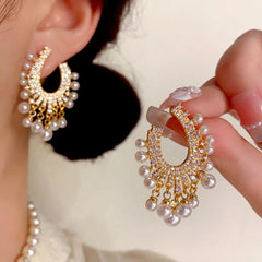 14K Gold-Plated Elegant Zircon Pearl Tassel Earrings - elegant gold tassel earrings
