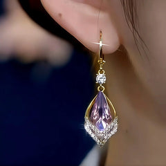 Close-up detail of the sparkling zircons and plating on the Purple Water Drop Earrings