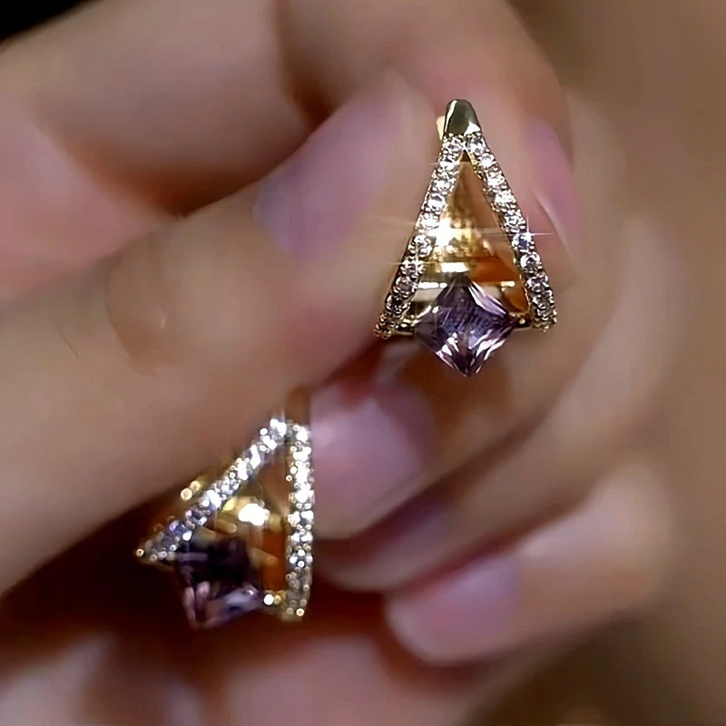 14K Gold-Plated Elegant Zircon Purple Diamond Earrings - elegant Purple Diamond Earrings
