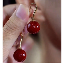 14K Gold-Plated Elegant Zircon Red Pearl Ear Hooks - elegant Red Pearl Ear Hooks
