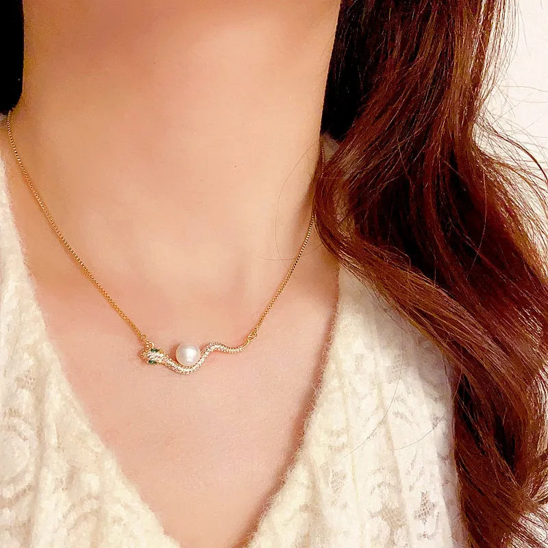 14K Gold-Plated Elegant Zircon Ripple Pearl Snake Necklace - beautiful Pearl Snake Necklace