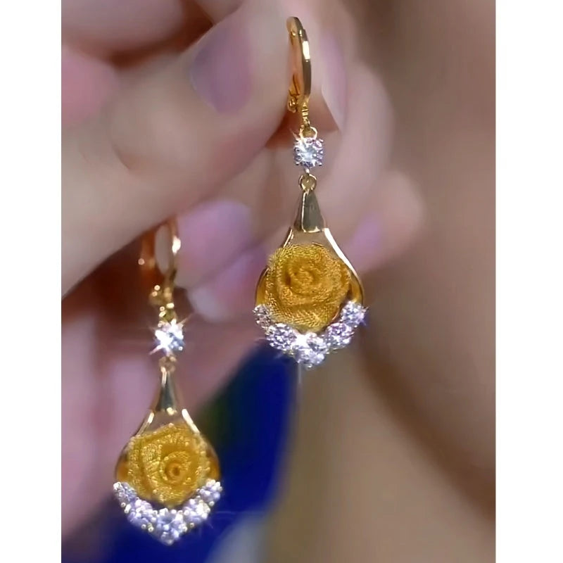 14K Gold-Plated Elegant Zircon Rose Earrings - elegant Zircon Rose Earrings