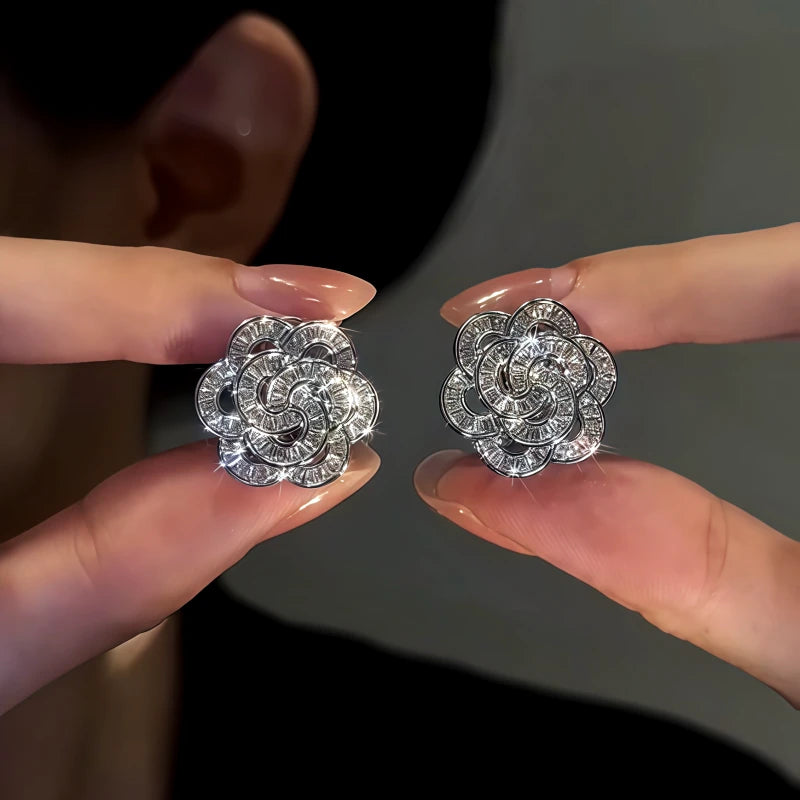 14K Gold-Plated Elegant Zircon Rose Stud Earrings - elegant Rose Stud Earrings