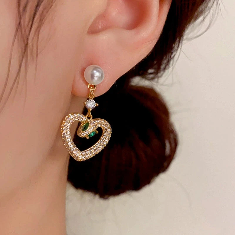 14K Gold-Plated Elegant Zircon Snake-Heart Pearl Earrings - elegant Snake Heart Pearl Earrings