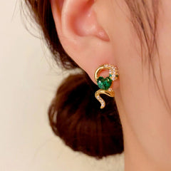 14K Gold-Plated Elegant Zircon Snake-Shaped Emerald Heart Earrings - elegant Snake Heart Earrings