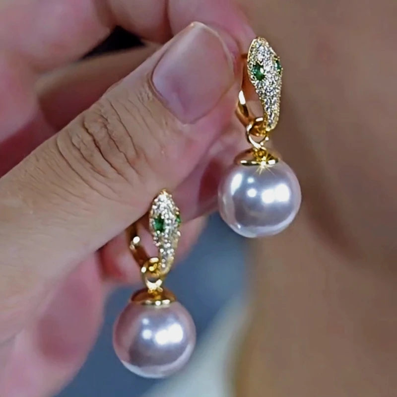 14K Gold-Plated Elegant Zircon Snake White Pearl Earrings - elegant Snake Pearl Earrings