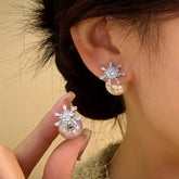 14K Gold-Plated Elegant Zircon Snowflake Pearl Earrings - elegant Snowflake Jacket Earrings