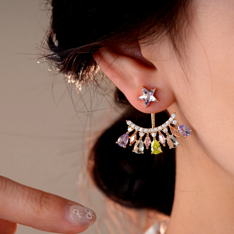 14K Gold-Plated Elegant Zircon Star Colorful Water Drop Jacket Earrings - elegant Star Jacket Earrings
