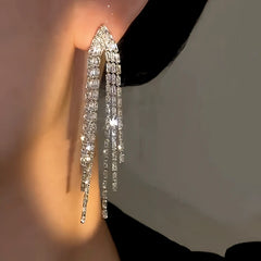 Close-up detail of the sparkling zircons and plating on the Long Tassel Earrings
