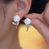14K Gold-Plated Elegant Zircon White Camellia Flower Earrings - elegant Camellia Flower Earrings