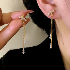 14K Gold-Plated Elegant Zircon X Cross Tassel Earrings - elegant Cross Tassel Earrings