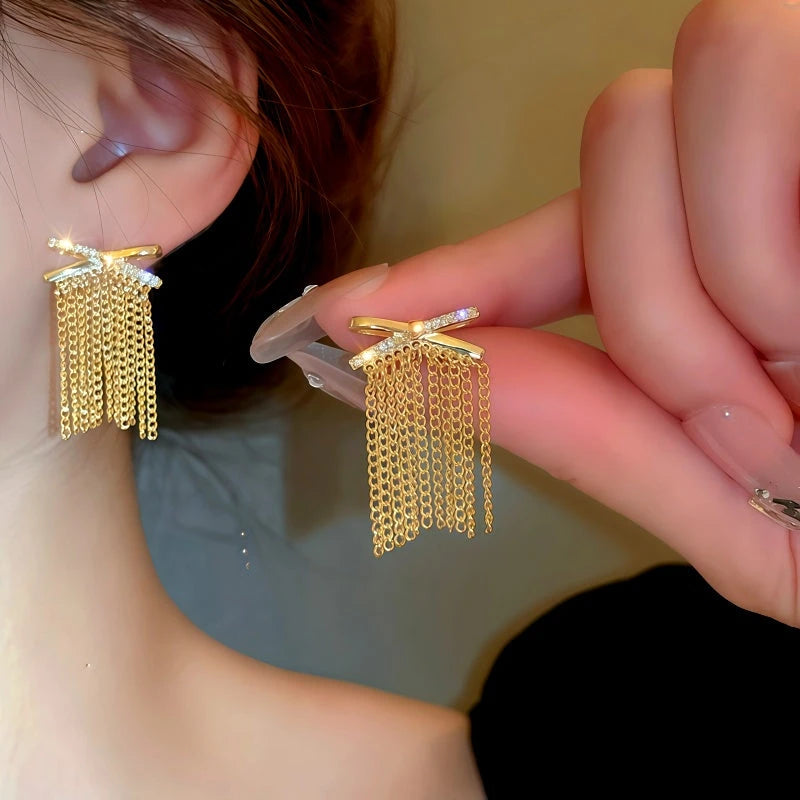 14K Gold-Plated Elegant Zircon X Tassel Earrings - elegant X Tassel Earrings