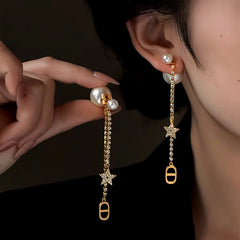 14K Gold-Plated Elegant Zircon Zircon Star Pearl Earrings - elegant Star Pearl Jacket Earrings