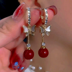 14K Gold-Plated Exquisite Butterfly Red Bead Earrings - elegant Butterfly Red Bead Earrings