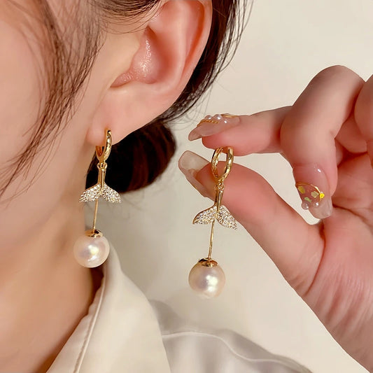 14K Gold-Plated Exquisite Diamond-Filled Fishtail Pearl Tassel Earrings - elegant Fishtail Pearl Tassel Earrings