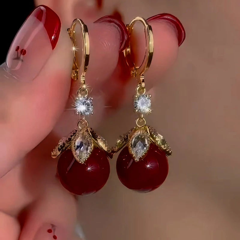 14K Gold-Plated Exquisite Red Bead Earrings - elegant Red Bead Earrings