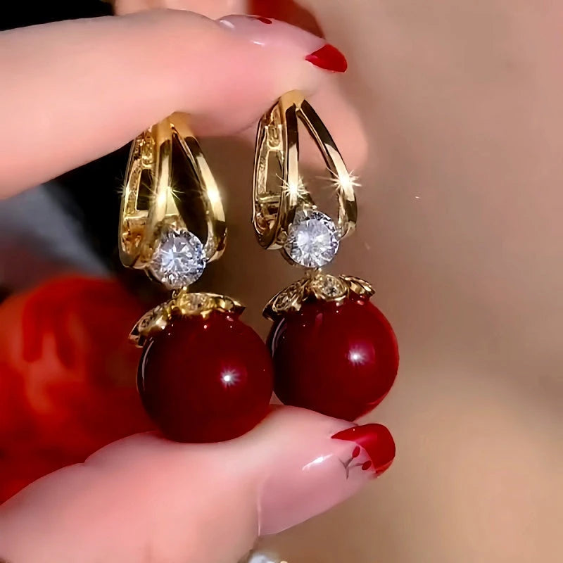 14K Gold-Plated Exquisite Red Classic Pearl Earrings - elegant Red Pearl Earrings