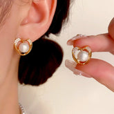 14K Gold-Plated Exquisite Simple Zircon Pearl Heart Stud Earrings - elegant Pearl Heart Stud Earrings