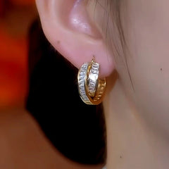 Model showcasing the dangle and style of the 14K Gold-Plated Exquisite Zircon Double-Layer Earrings