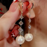 14K Gold-Plated Exquisite Zircon Pearl Tassel Earrings - elegant Pearl Tassel Earrings