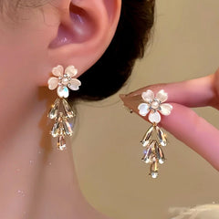 14K Gold-Plated Flower Diamond Tassel Earrings - elegant Flower Tassel Earrings