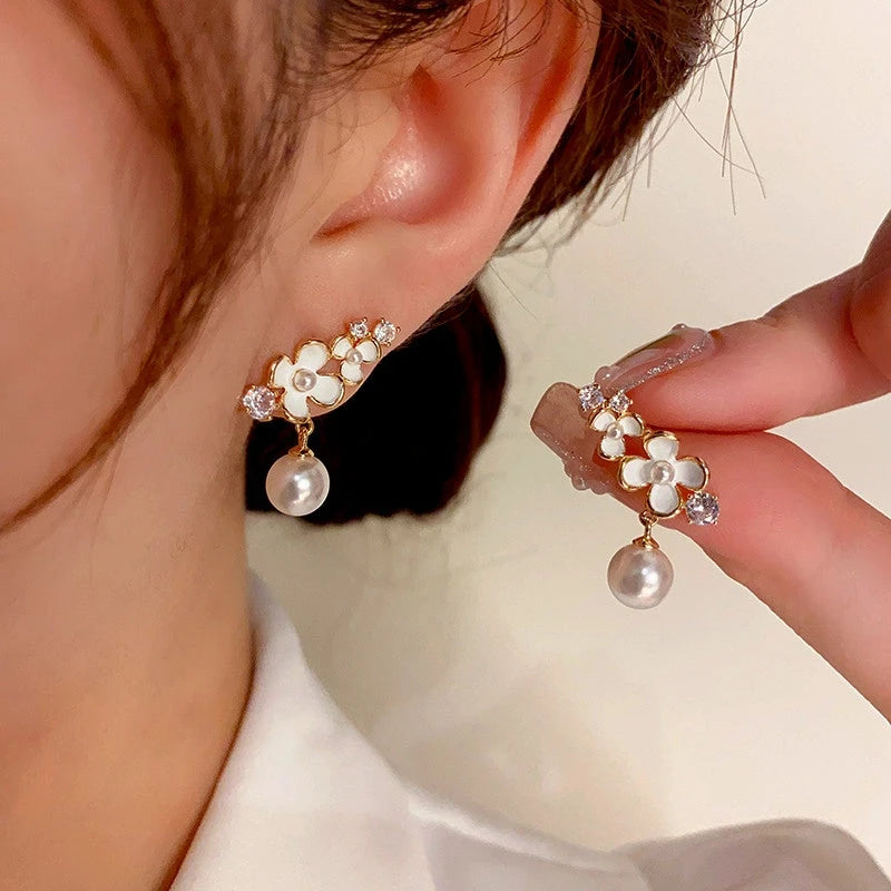14K Gold-Plated Flower Pearl Earrings - elegant Flower Pearl Drop Earrings