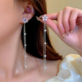 14K Gold-Plated Flower Tassel Earrings - elegant Pink Flower Tassel Earrings