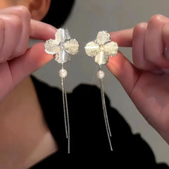 14K Gold-Plated Four-Leaf Clover Bead Tassel Earrings - elegant Clover Tassel Earrings