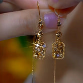14K Gold-Plated Full Diamond Geometric Square Long Threader Tassel Earrings - elegant Zircon Tassel Threaders