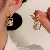 14K Gold-Plated Geometric Pearl Earrings - elegant Geometric Pearl Drops