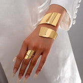 14K Gold-Plated Geometric Wide Open Bracelet And Ring Set - chic Geometric Cuff Set