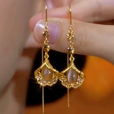 14K Gold-Plated Ginkgo Leaf Long Tassel Threader Earrings - elegant Ginkgo Tassel Threaders