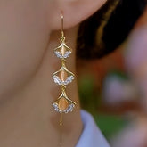 14K Gold-Plated Ginkgo Leaf Tassel Threader Earrings - elegant Ginkgo Tassel Threaders