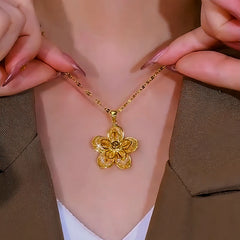 14K Gold-Plated Golden Flower Necklace worn to showcase its length and pendant detail