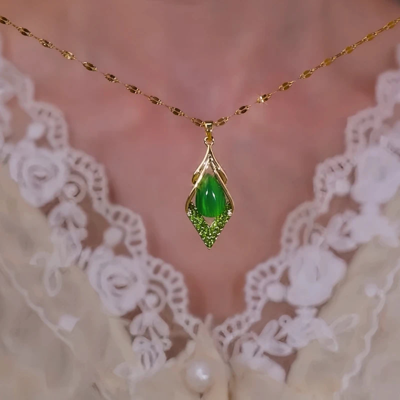 14K Gold-Plated Green Cat's Eye Diamond Pendant Necklace - beautiful Green Cat's Eye Necklace