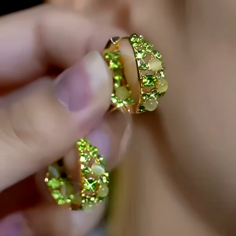 14K Gold-Plated Green Diamond Cat's Eye Stone Little Hoop Earrings - elegant Cat's Eye Huggie Hoops