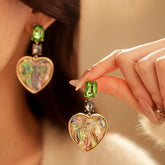 14K Gold-Plated Green Diamond Heart Earrings - elegant Colorful Heart Earrings